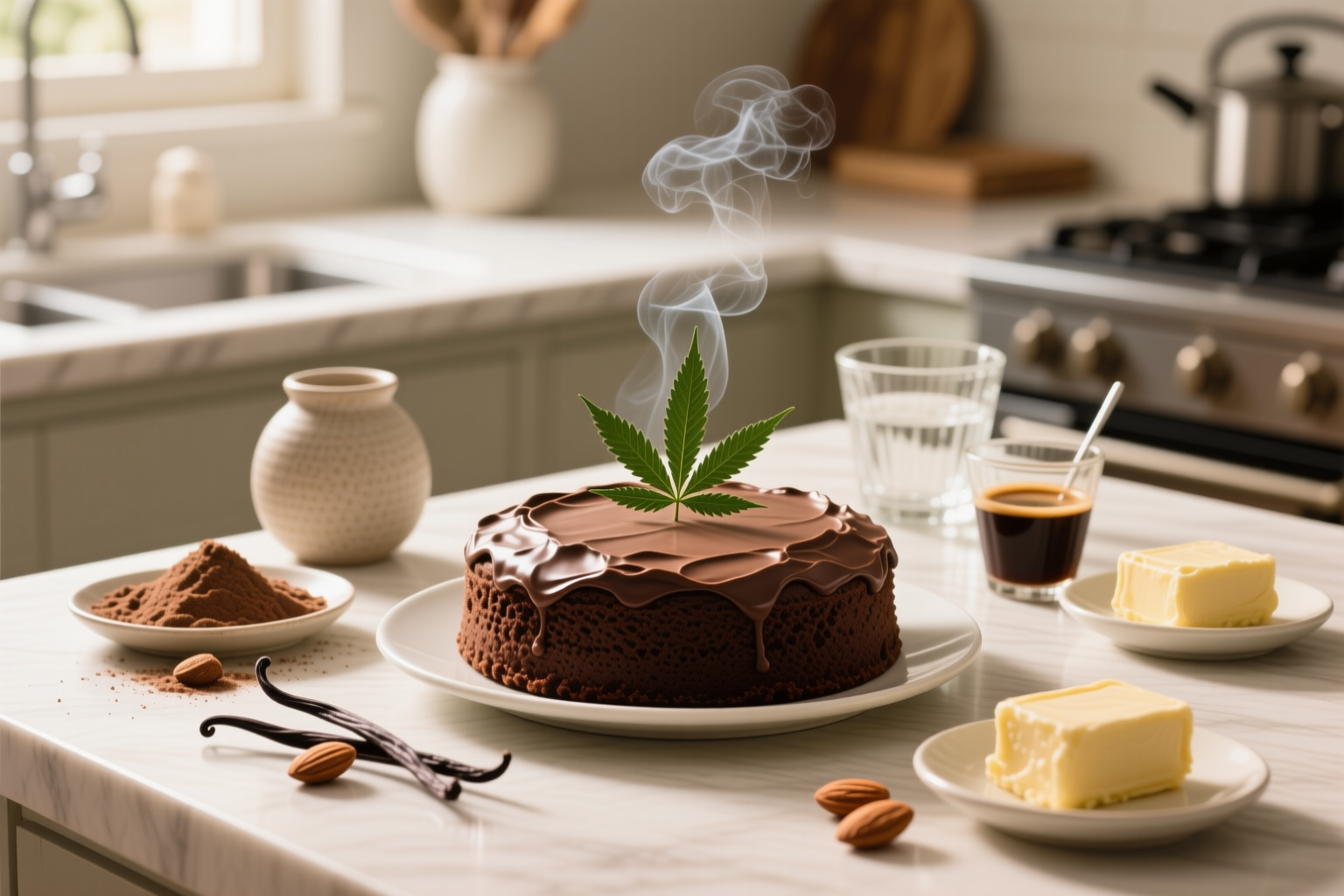 Sugar-Free Infused with THC Keto Chocolate Cake finished and portioned for measured serving