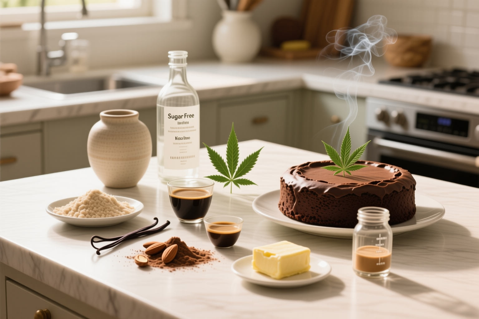 Ingredients for Sugar-Free Infused with THC Keto Chocolate Cake including cocoa, almond flour, vanilla, espresso, butter, a measured infused ingredient