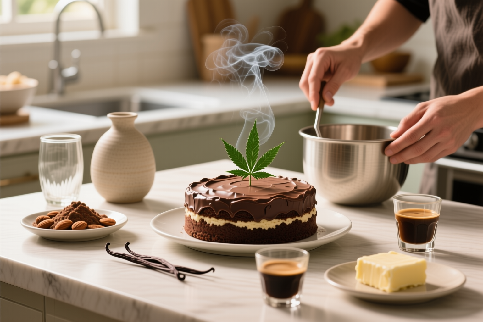 Preparing Sugar-Free Infused with THC Keto Chocolate Cake with a measured infused ingredient