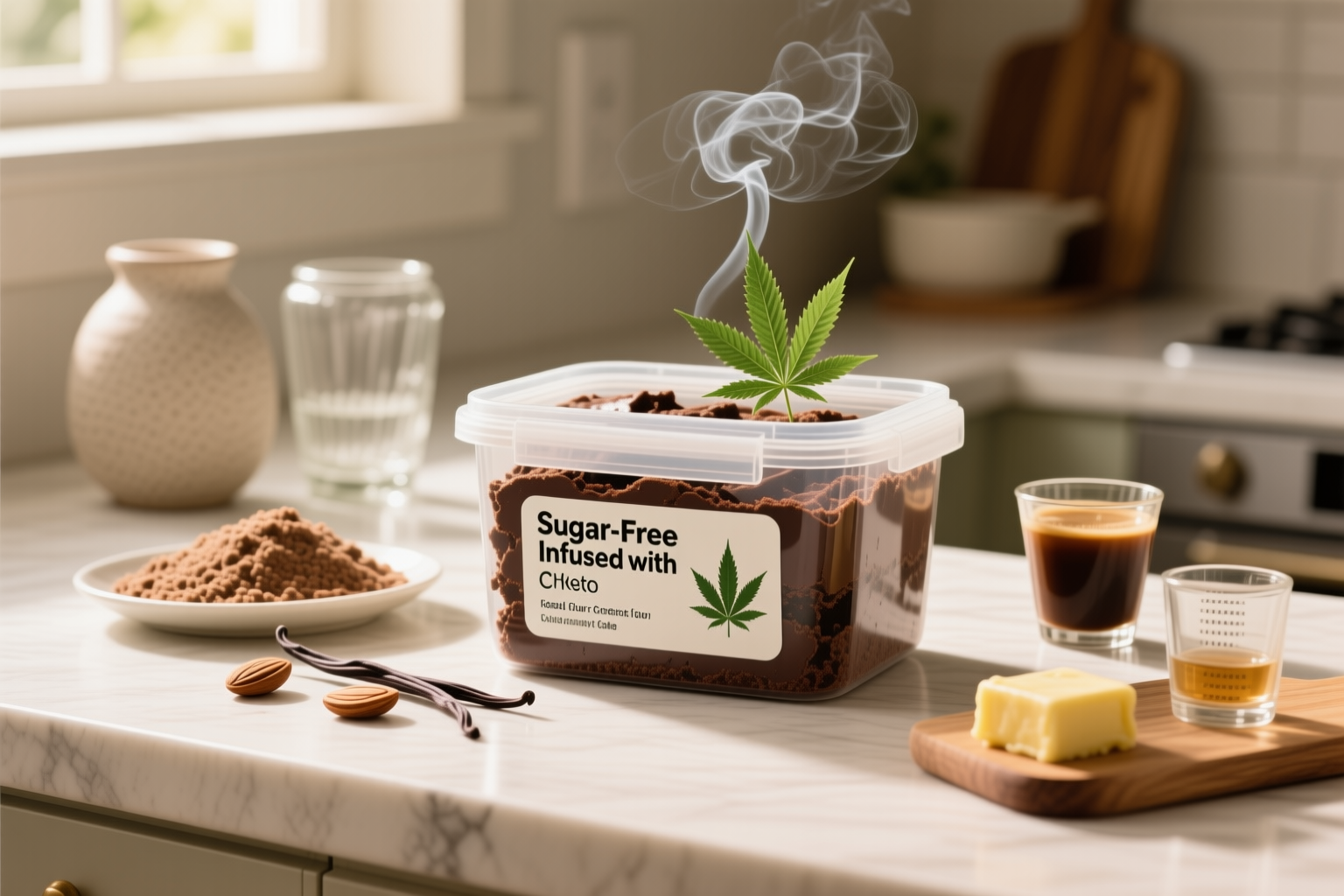 Sugar-Free Infused with THC Keto Chocolate Cake stored in a clearly labeled container