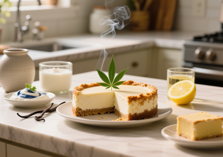 sugar free infused with thc no bake cheesecake finished recipe styled as the emotional anchor with warm editorial food photography