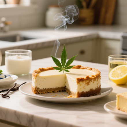 sugar free infused with thc no bake cheesecake finished recipe styled as the emotional anchor with warm editorial food photography