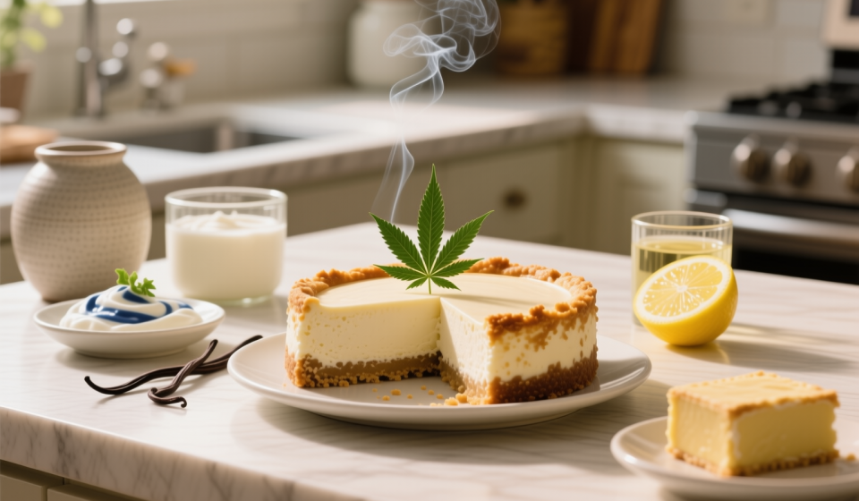 sugar free infused with thc no bake cheesecake finished recipe styled as the emotional anchor with warm editorial food photography