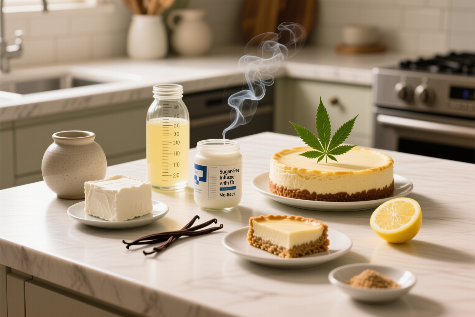 Ingredients for Sugar-Free Infused with THC No-Bake Cheesecake including cream cheese, Greek yogurt, vanilla, lemon, buttery crust notes, a measured infused ingredient