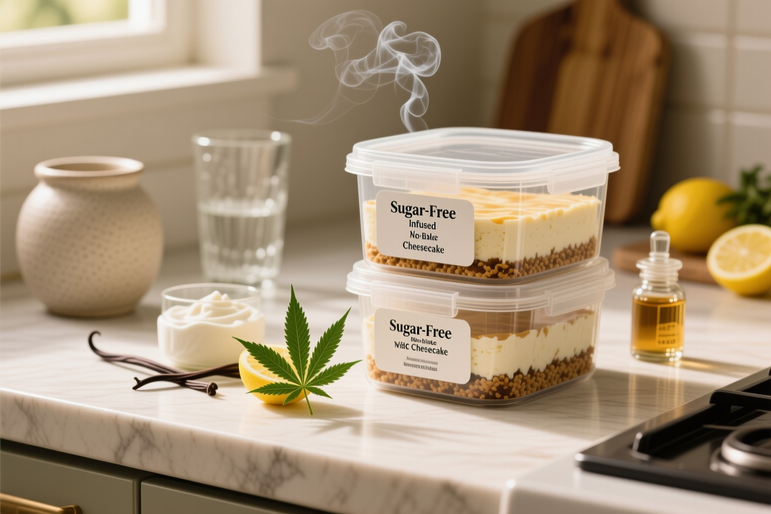 Sugar-Free Infused with THC No-Bake Cheesecake stored in a clearly labeled container