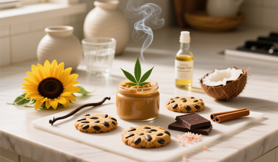 sugar free nut free cannabis sunflower seed butter cookies finished recipe styled as the emotional anchor with warm editorial food photography