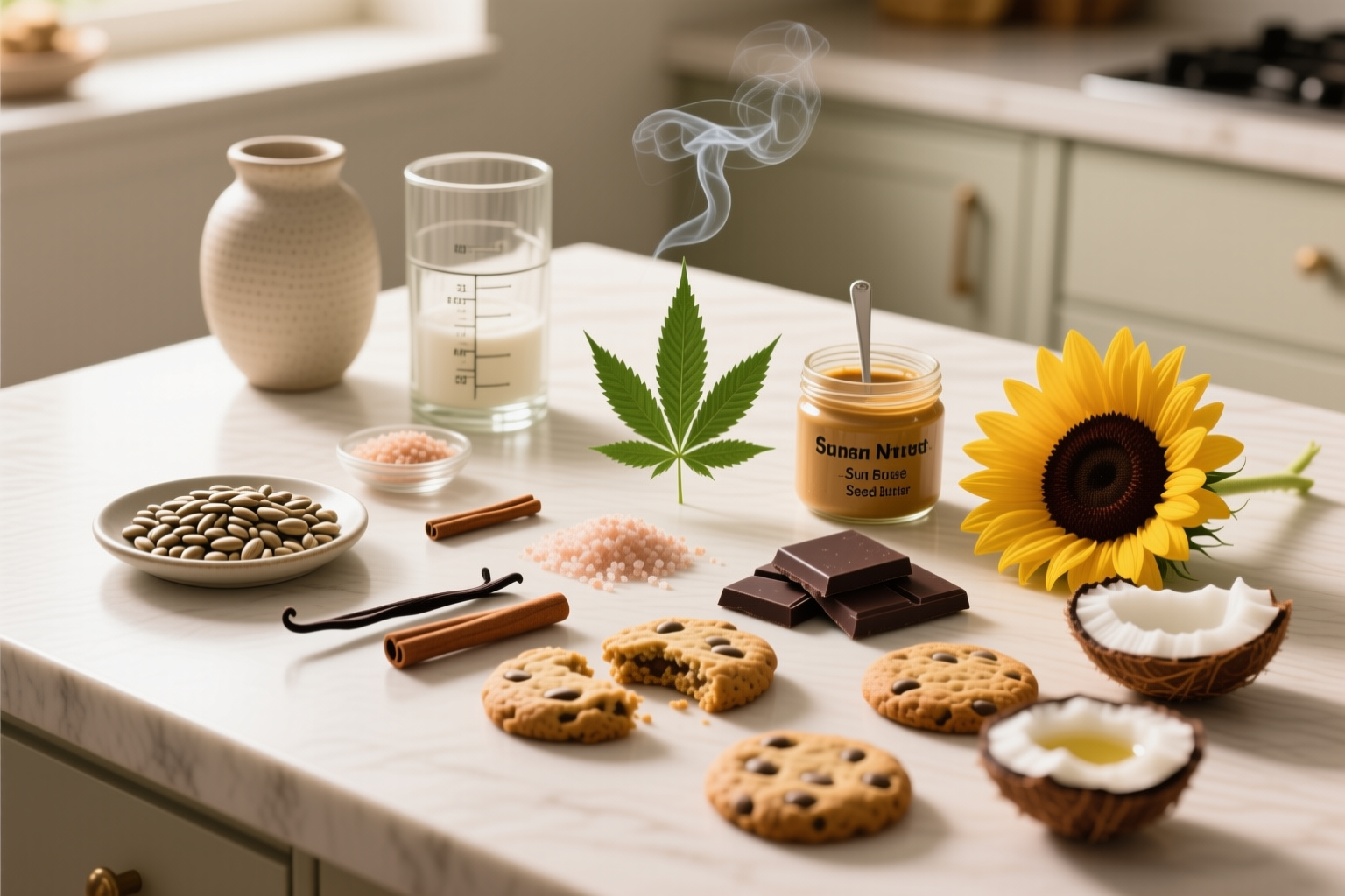 Ingredients for cannabis cookies including flour, oats, peanut butter, chocolate chips, sugar, eggs, and infused butter