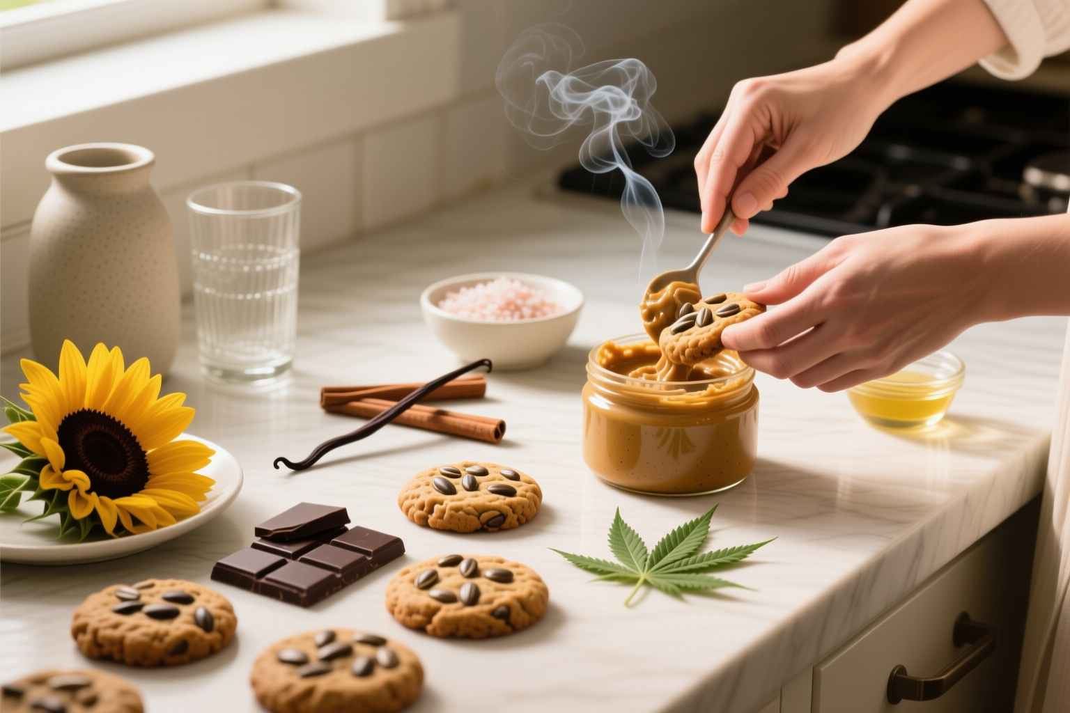 Cannabis cookie dough being portioned into equal scoops on a parchment lined baking sheet