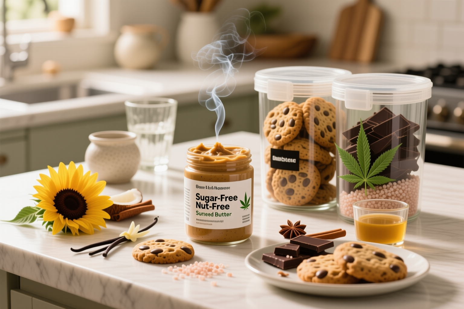 Cannabis cookies stored in labeled containers with chocolate chip, peanut butter, and oatmeal labels